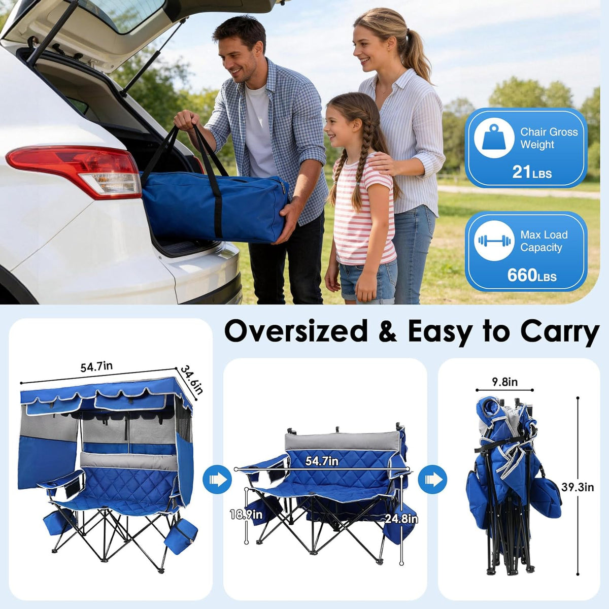 Suteck Double Camping Chair with Canopy, 660lbs Folding Loveseat with Shade