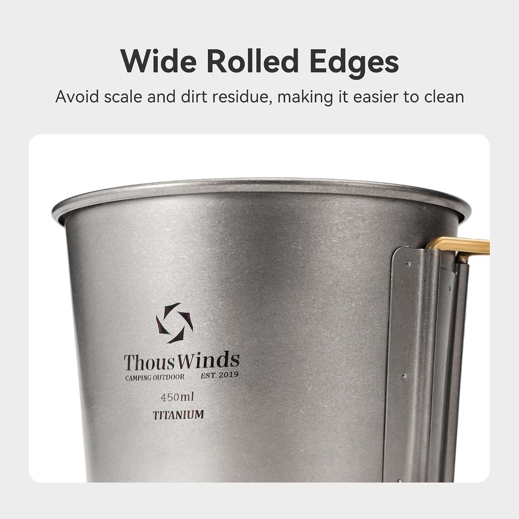 Thous Winds Titanium Mug, 450ml 15oz, Camping Coffee Cup with Foldable Handle and Lid, Lightweight Cup for Outdoor Backpacking Hiking