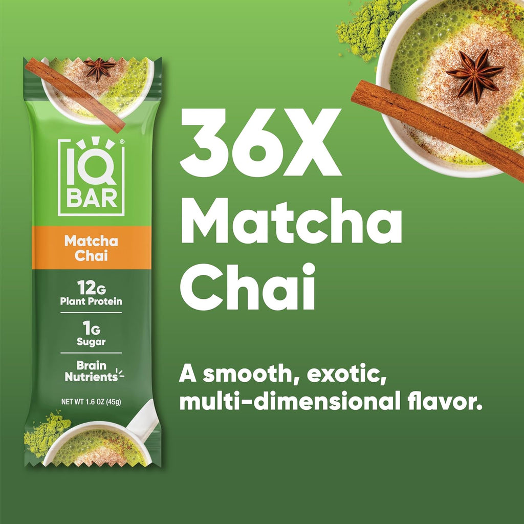 IQBAR Clean Protein Bars, Low Sugar Keto, Matcha Chai 36-Count