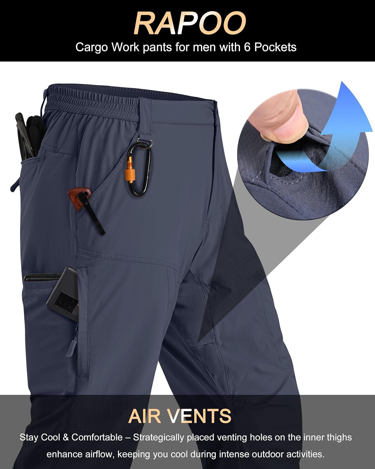 Rapoo Mens Hiking Pants Lightweight Water Resistant Breathable Nylon Cargo Pants with 6 Pockets