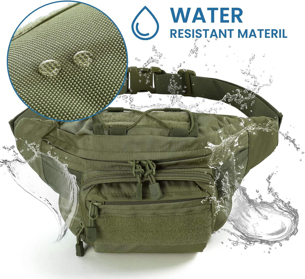 FRTKK Tactical Fanny Pack Military Waist Bag Pack with USA Flag Patch Utility Hip Pack with Adjustable Strap for Outdoors Fishing Cycling Camping Hiking Dog Walking (Army green 2)