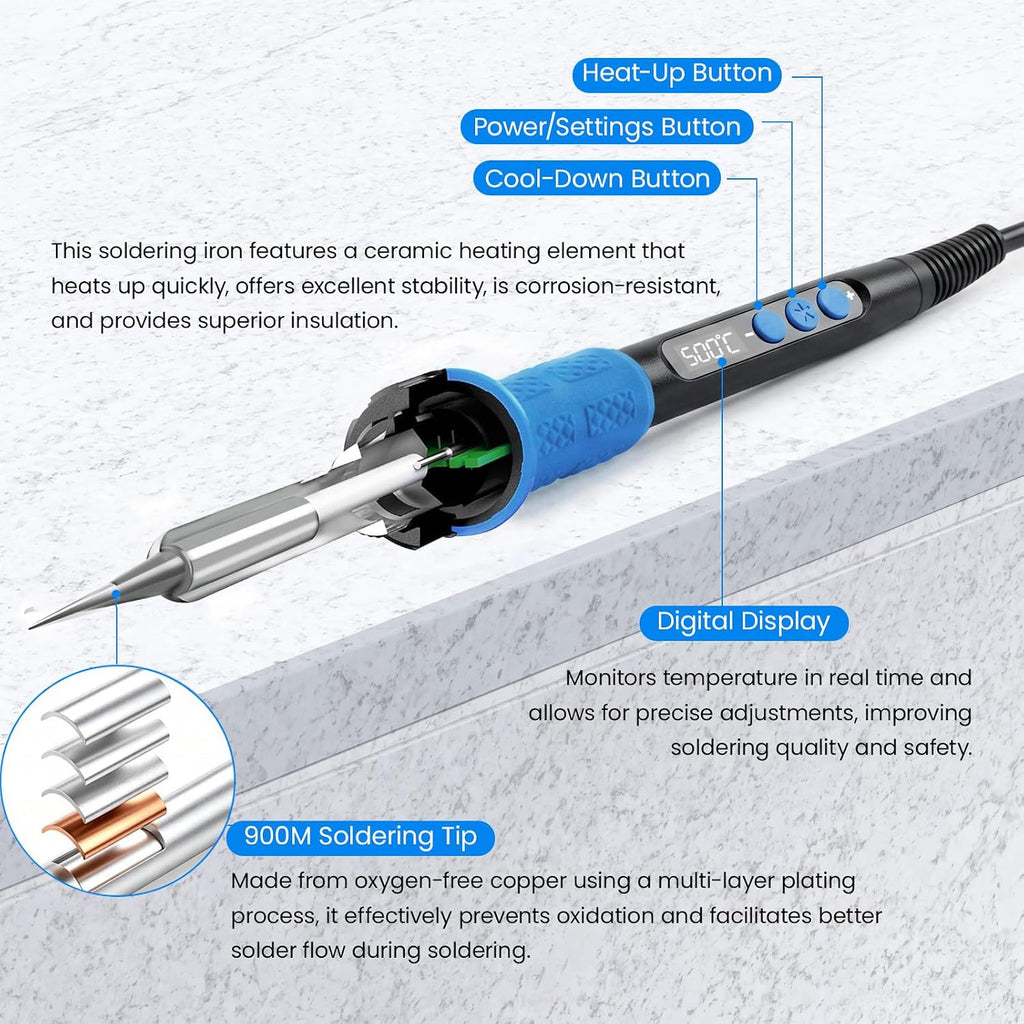 Soldering Iron Kit, 100W High Power LCD Soldering Iron, 2 Helping Hands Soldering, Flux, Iron Tips, Tin Wires, Solder Sucker, Tweezers. °C/℉ Conversion, Auto Sleep，Temperature Calibration