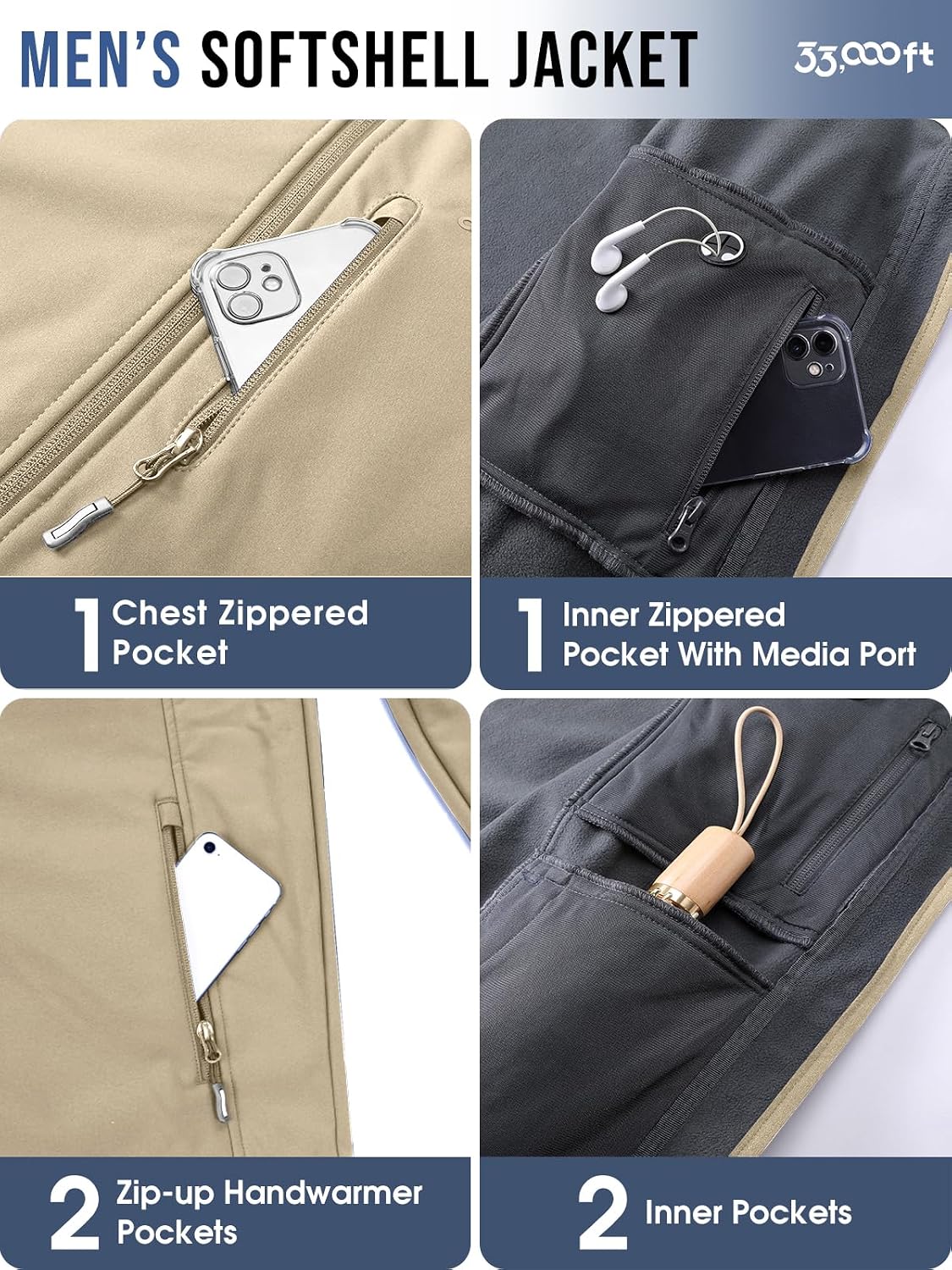33,000ft Men's Hooded Softshell Jacket Waterproof Fleece Windbreaker Jacket