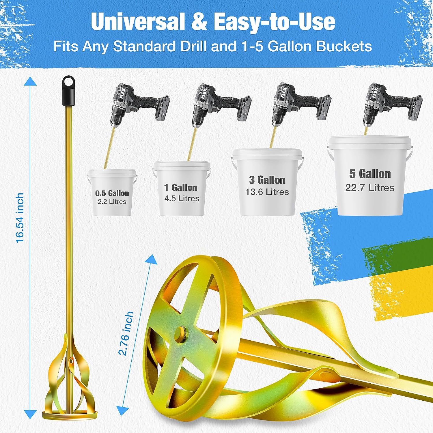 2-Pack Paint Mixer for Drill, Upgraded 4-Blade 2.76" Helix Mixing Paddle Rust-Proof Paint Stirrer, Fits All Standard Drills for 1-5 Gallon Bucket, Paints, Resin, Epoxy, Mud, and Slurry