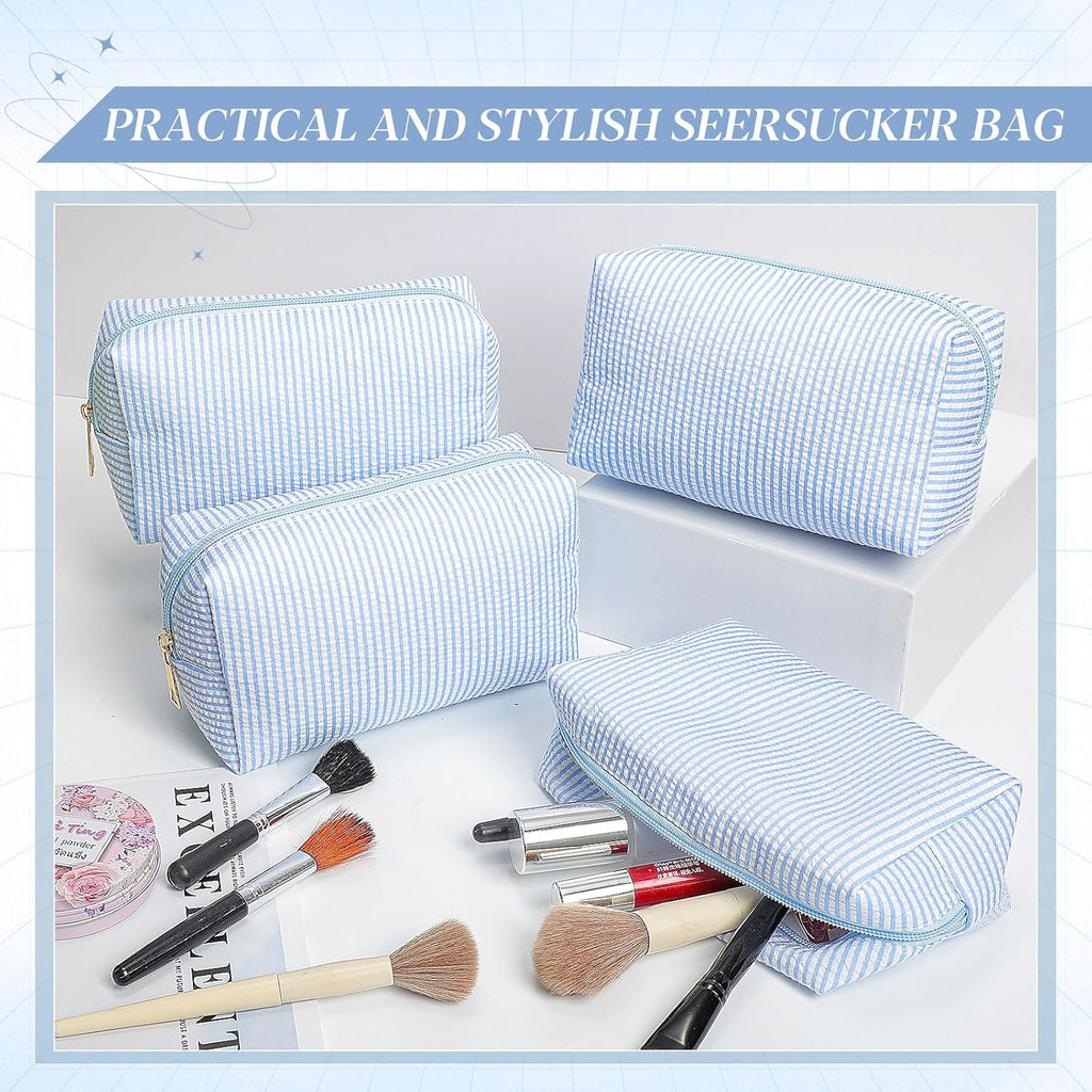 Sanwuta 6 Pcs Seersucker Cosmetic Bags Bulk, Striped Zippered,Light Blue