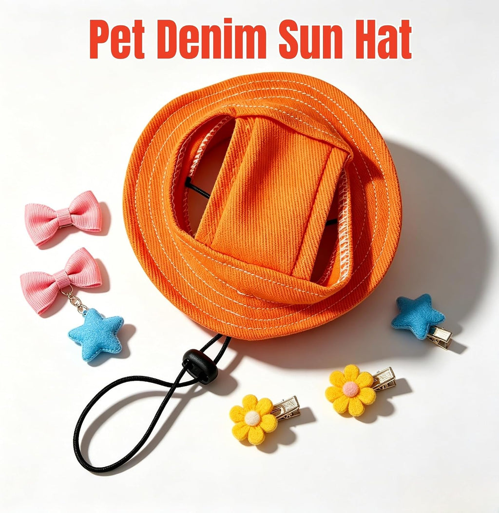Denim Flannel Pet Sun Hat with Ear Holes, Adjustable UV Protection Cap for Dogs & Cats, Breathable Summer Outdoor Hat with Curved Brim (Orange, M)