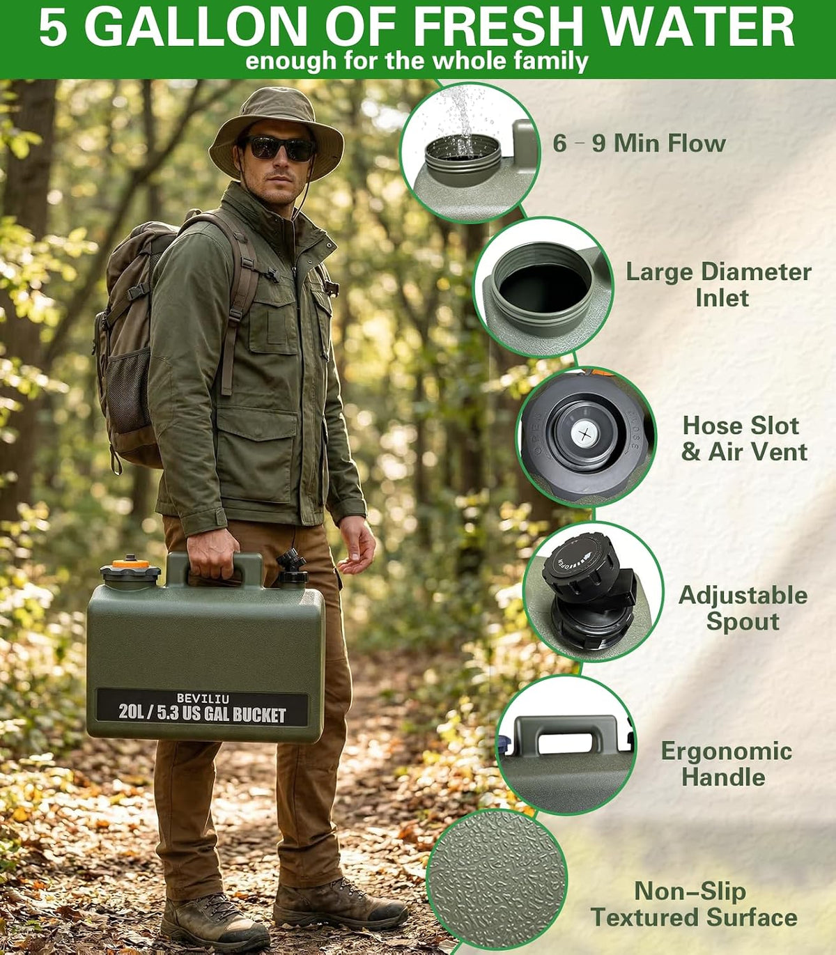 Beviliu Portable Camping Shower – 3 Gallon & 5 Gallon Food-Grade Jug, Rechargeable Pump, IPX8 Waterproof, Lightweight & Extra-Large Portable Shower for Camping, Beach, RV, Pet