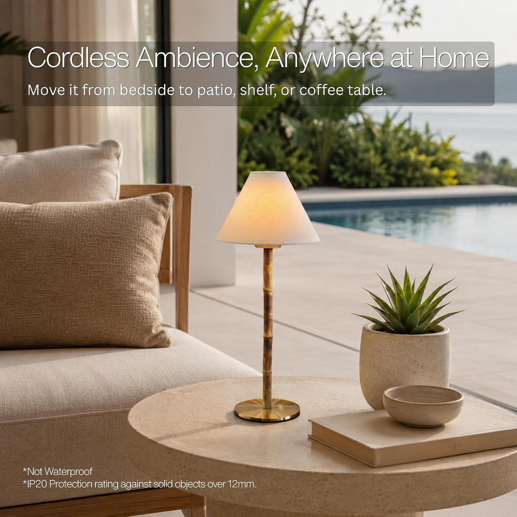 Bamboo Cordless LED Table Lamp – Rechargeable 24-Hour Battery, Dimmable Warm Light, Portable Wireless Lamp with Remote for Indoor/Outdoor Use, Home, Patio, Restaurant – (WHITE LINEN), 14.95" Tall