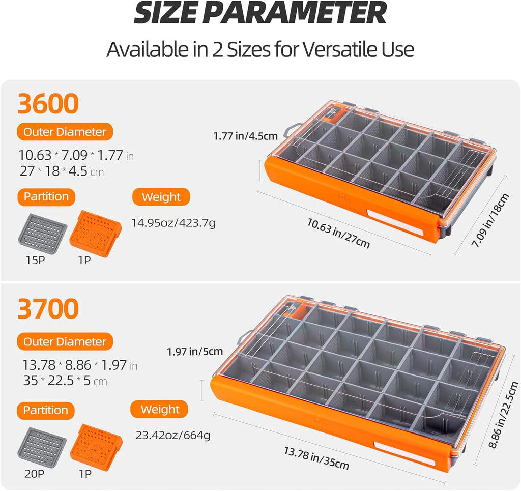 RUNCL Fishing Tackle Box - 360° Waterproof Tackle Trays, 3700 Fishing Tackle Box Organizer with Adjustable Dividers for Jigs Lures, Orange, 1 Pack
