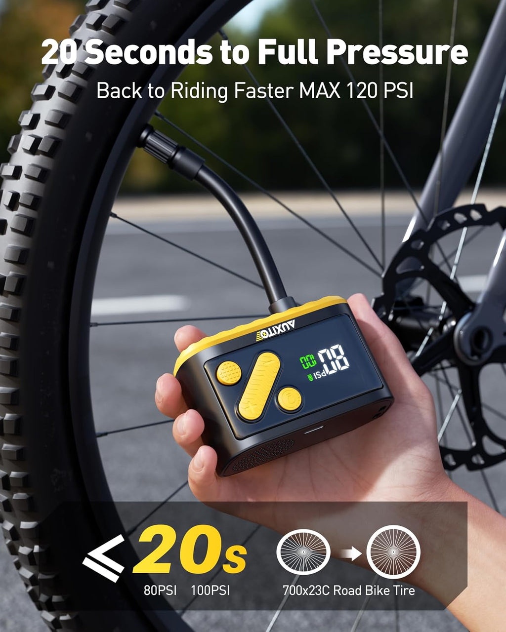AUXITO Electric Bike Pump 20s Fast Inflate 120 PSI, Mini Air Pump with Gauge, Auto Stop, Presta and Schrader Valve, Portable Bike Pump for Motorcycle, Mountain Bike, Road Bike, E-Bike, Sports Ball