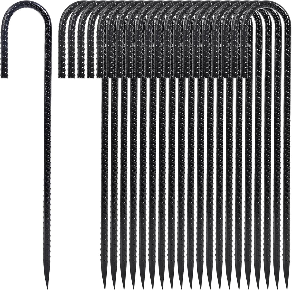 Homwin 12 Inch Heavy Duty Rebar Stakes, 20-Pack Galvanized Steel J Hook Tent Stakes for Outdoor Decorations, Inflatables, Fencing, Gardening, Gazebo and Swing Set Anchors