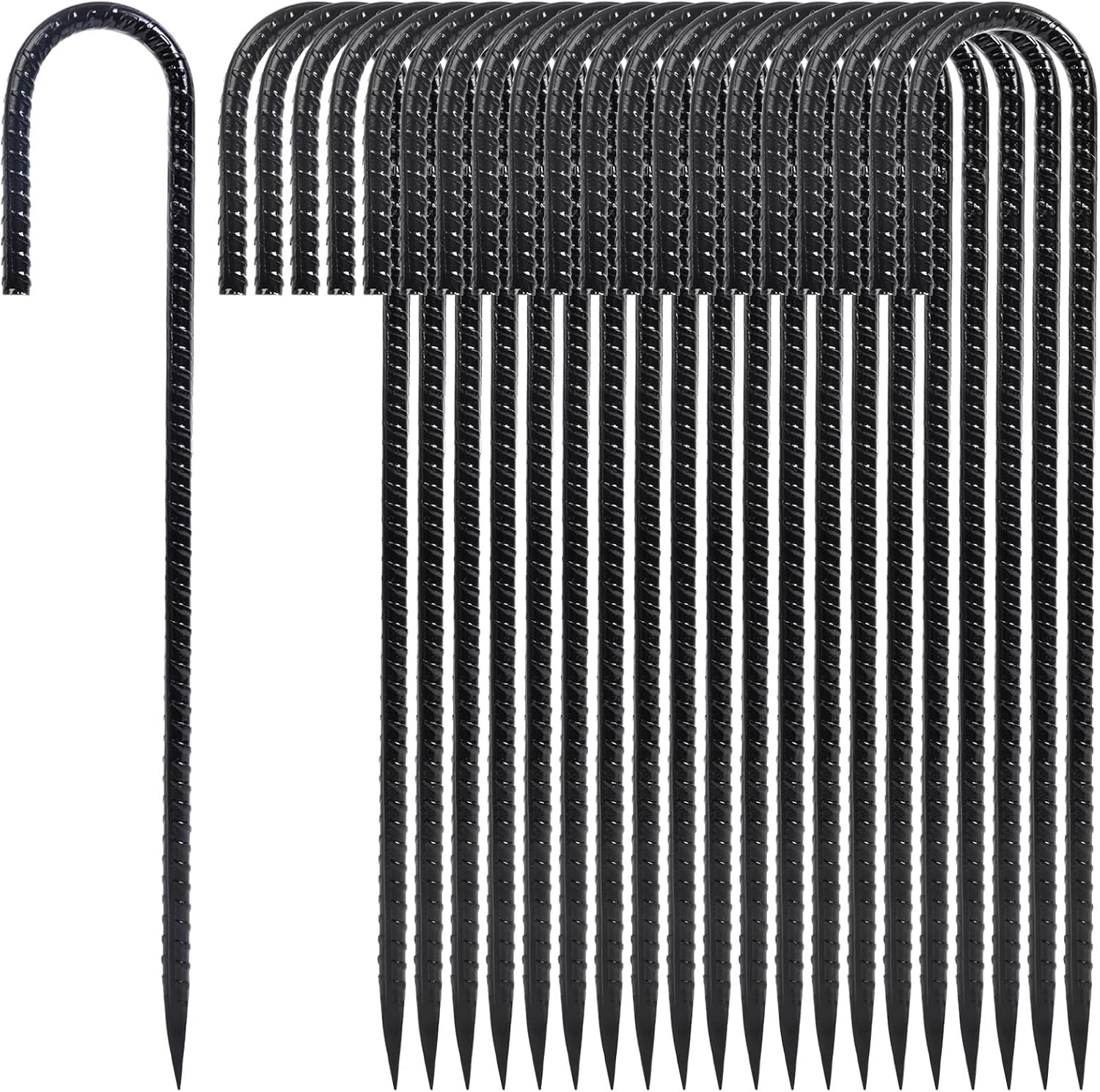 Homwin 12 Inch Heavy Duty Rebar Stakes, 20-Pack Galvanized Steel J Hook Tent Stakes for Outdoor Decorations, Inflatables, Fencing, Gardening, Gazebo and Swing Set Anchors
