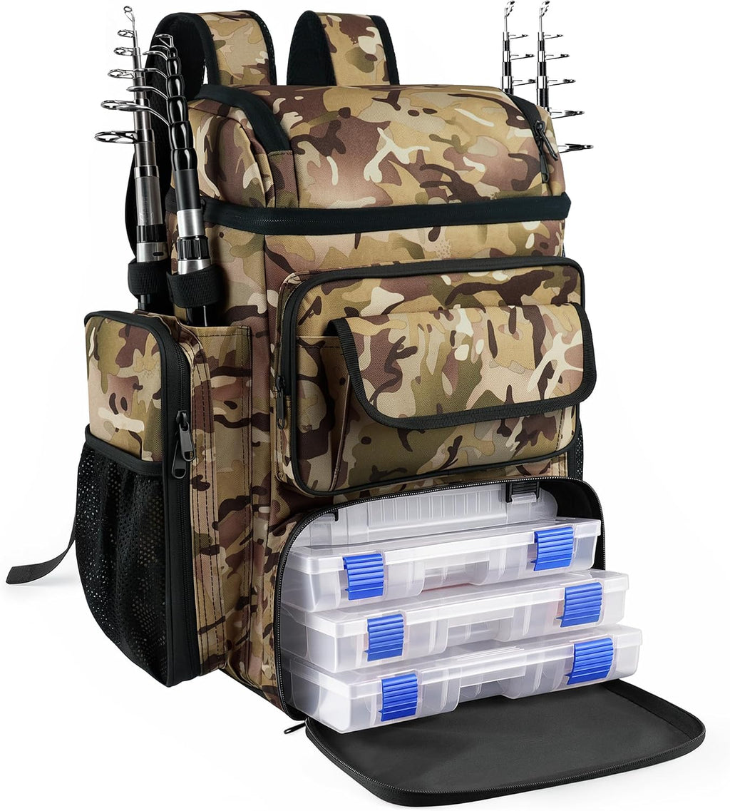 Fishing Tackle Backpack With Rod Holders,45L Large Tackle Bag & Fishing Tackle Backpack for Fishing,Camping, Hiking,Camouflage Gray White