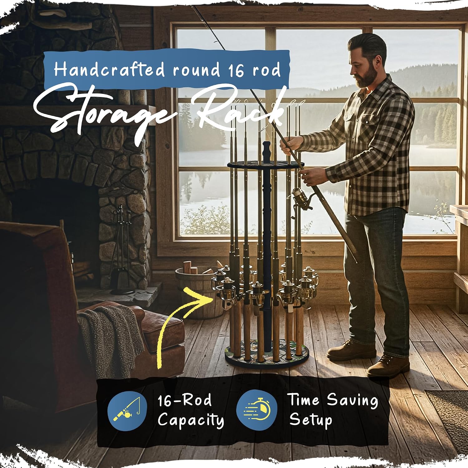 Rush Creek Creations 16-Rod Round Fishing Rod Holder for Garage, 360° Access Fishing Pole Holder for Fishing Rods, Reels, and Gear, Securely Holds 16 Rods, Camouflage