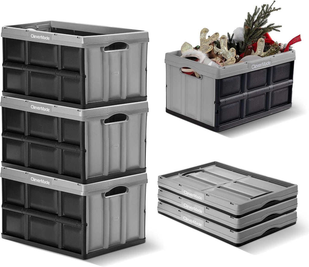 CleverMade Collapsible Storage Bins, 46L 3 Pack, 75 lb Stackable, Stone