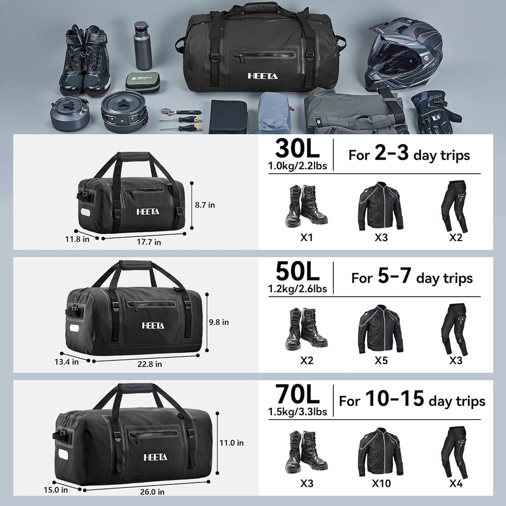 HEETA Waterproof Motorcycle Dry Bag Duffel Luggage Travel Bags, Black 50L