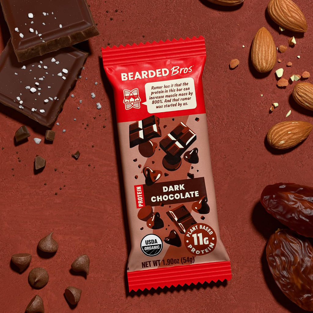 Bearded Brothers Organic Vegan Protein Bars - Gluten & Soy Free, Paleo, Whole 30 | Non GMO, Low Glycemic, High Protein, Fiber (10 Pack, Dark Chocolate)