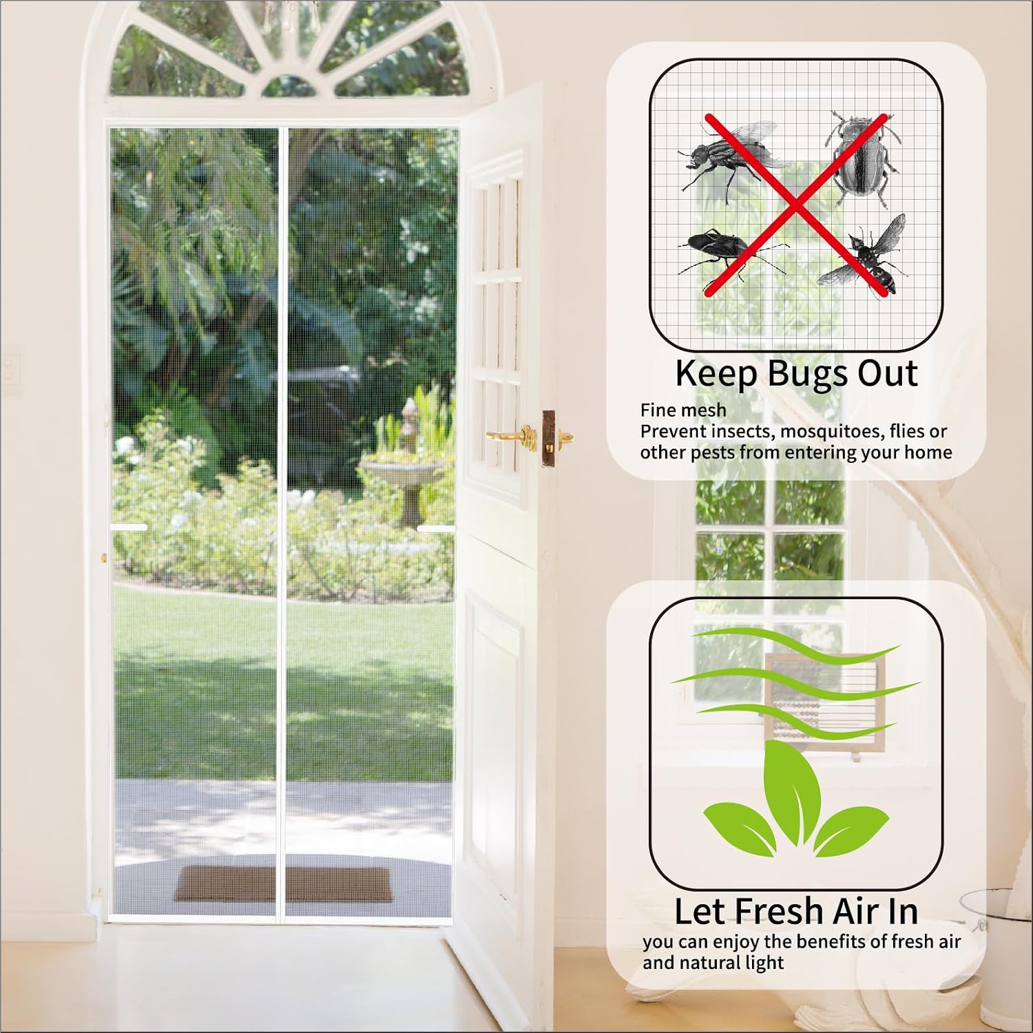 CHIYUNS White Screen Door Mesh Magnetic Closure Heavy Duty 30 x 80 inch, Self Closing Fiberglass Mosquito Net with Magnet for Doors, Bug Fly Screens Curtain for Doorway, Keep Bugs Out, Pet Friendly