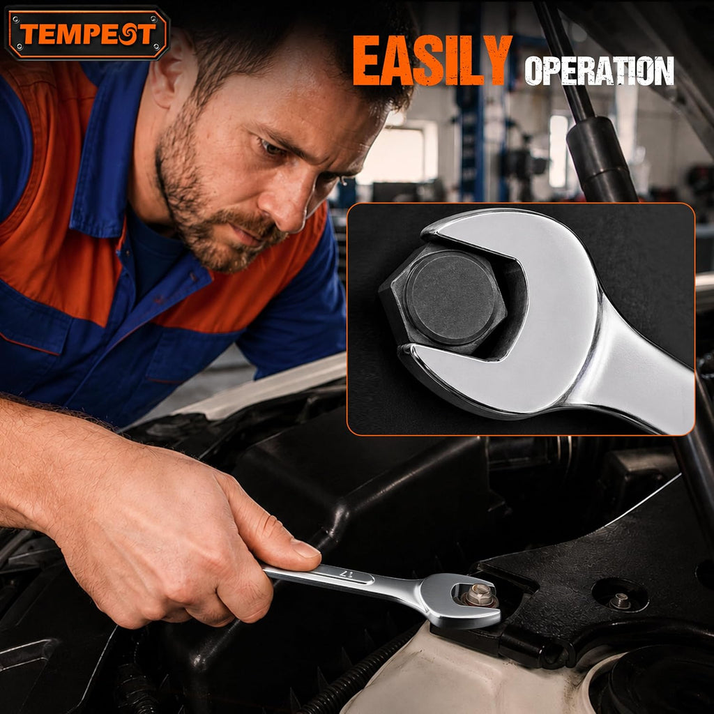 Tempest 14 Piece Combination Wrench Set, Metric & SAE (8-17mm, 5/16-11/16 inch) with Compact Organizer Rack, Drop Forged Steel Mechanics Hand Tools Kit for Automotive Repair, Home DIY, Workshops