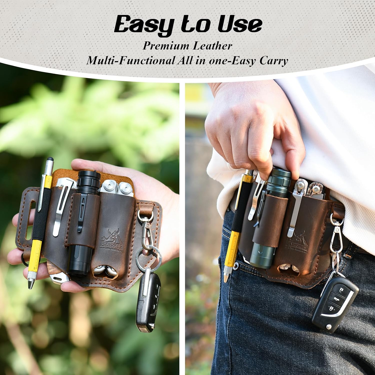 FLYHOMES Leather Multitool Sheath, Fits 4"&4.5" Multi Tool, EDC Belt Pouch