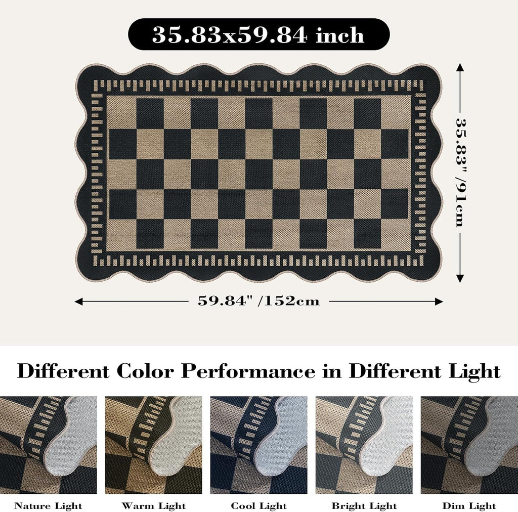 Checkered Easy Jute 3x5 Outdoor Patio Rug, Washable Rugs for Entryway Indoor Outdoor Area Rug Black Kitchen Rugs, Non-Slip Farmhouse Neutral Rug for Balcony Backyard