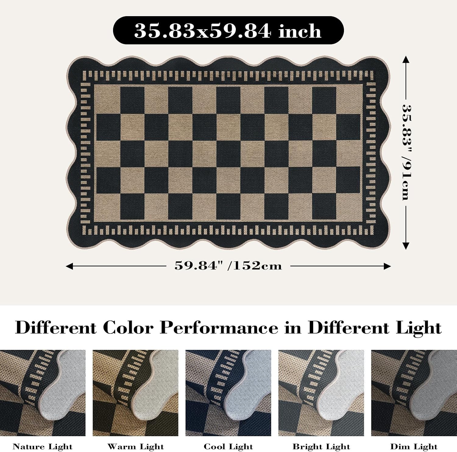 Checkered Easy Jute 3x5 Outdoor Patio Rug, Washable Rugs for Entryway Indoor Outdoor Area Rug Black Kitchen Rugs, Non-Slip Farmhouse Neutral Rug for Balcony Backyard