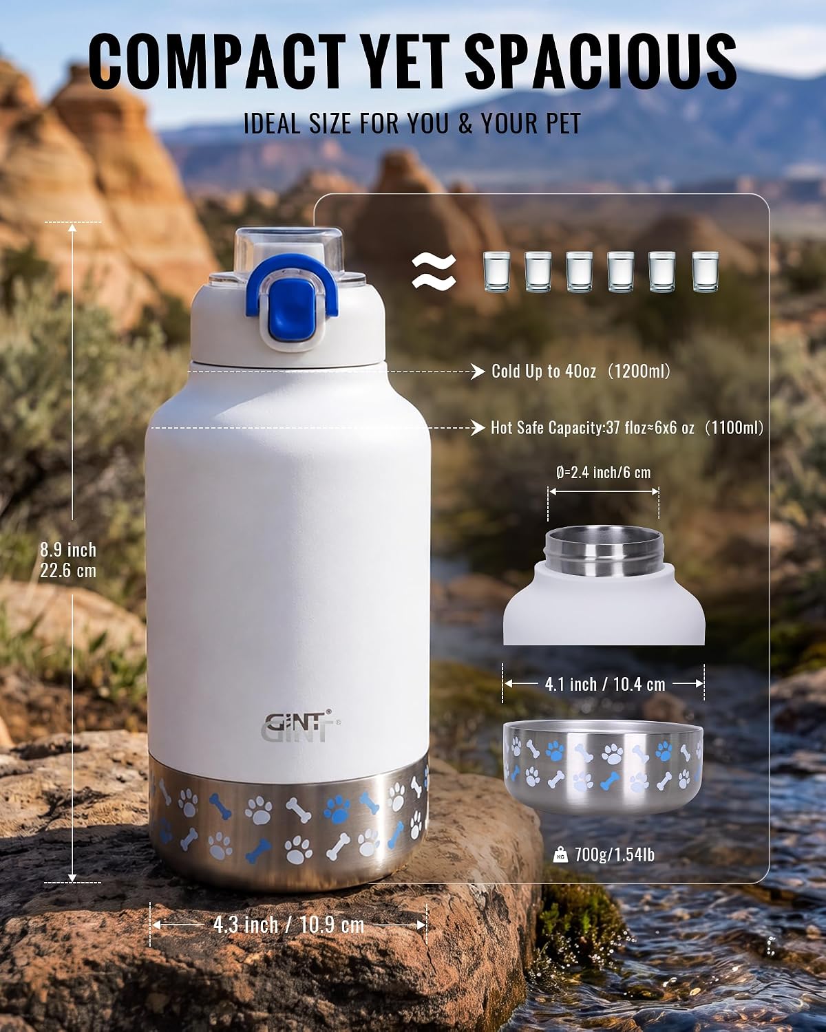 GiNT 37oz Insulated Stainless Steel Dog & Human Water Bottle, All-in-1 Travel Dispenser with Detachable Bowls & Carrying Case, Leak-Proof Pet Canteen for Walking, Hiking, Camping, Car (White)