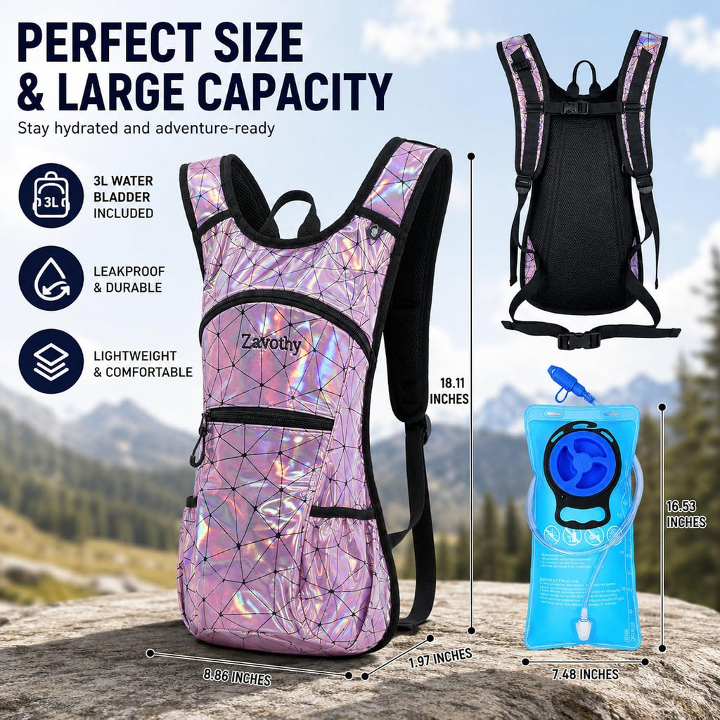 Zavothy Rave Hydration Backpack with 3L Bladder, Colorful Festival Hydration Pack with Side Pockets, Lightweight Water Backpack for EDM, Music Festivals, Hiking & Cycling
