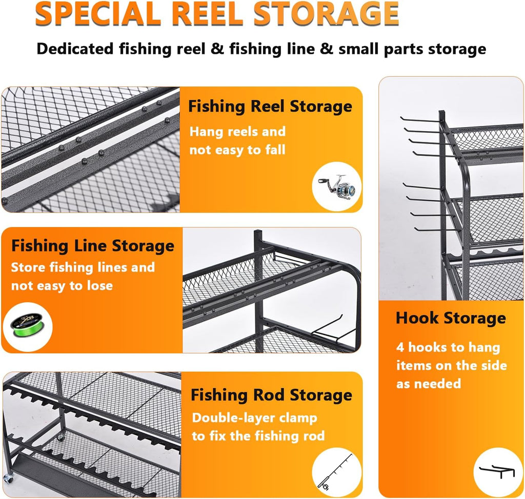 Heavy Duty Fishing Rod Rack, Fishing Organizer for Garage, Fishing Gear Holder for Garage with Movable Wheels