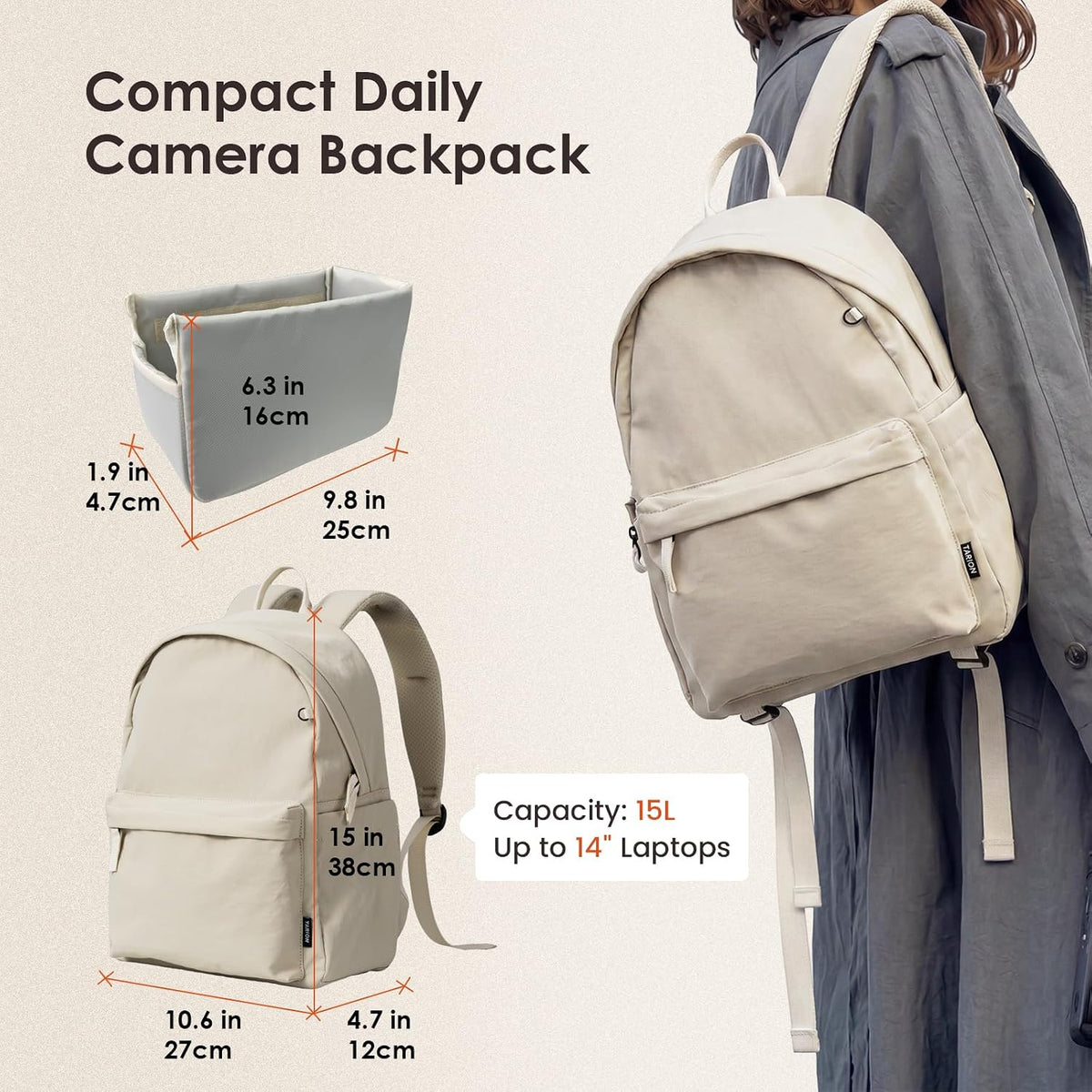 TARION Casual Camera Backpack 15L Urban Photography Bag, Once LT15, Beige