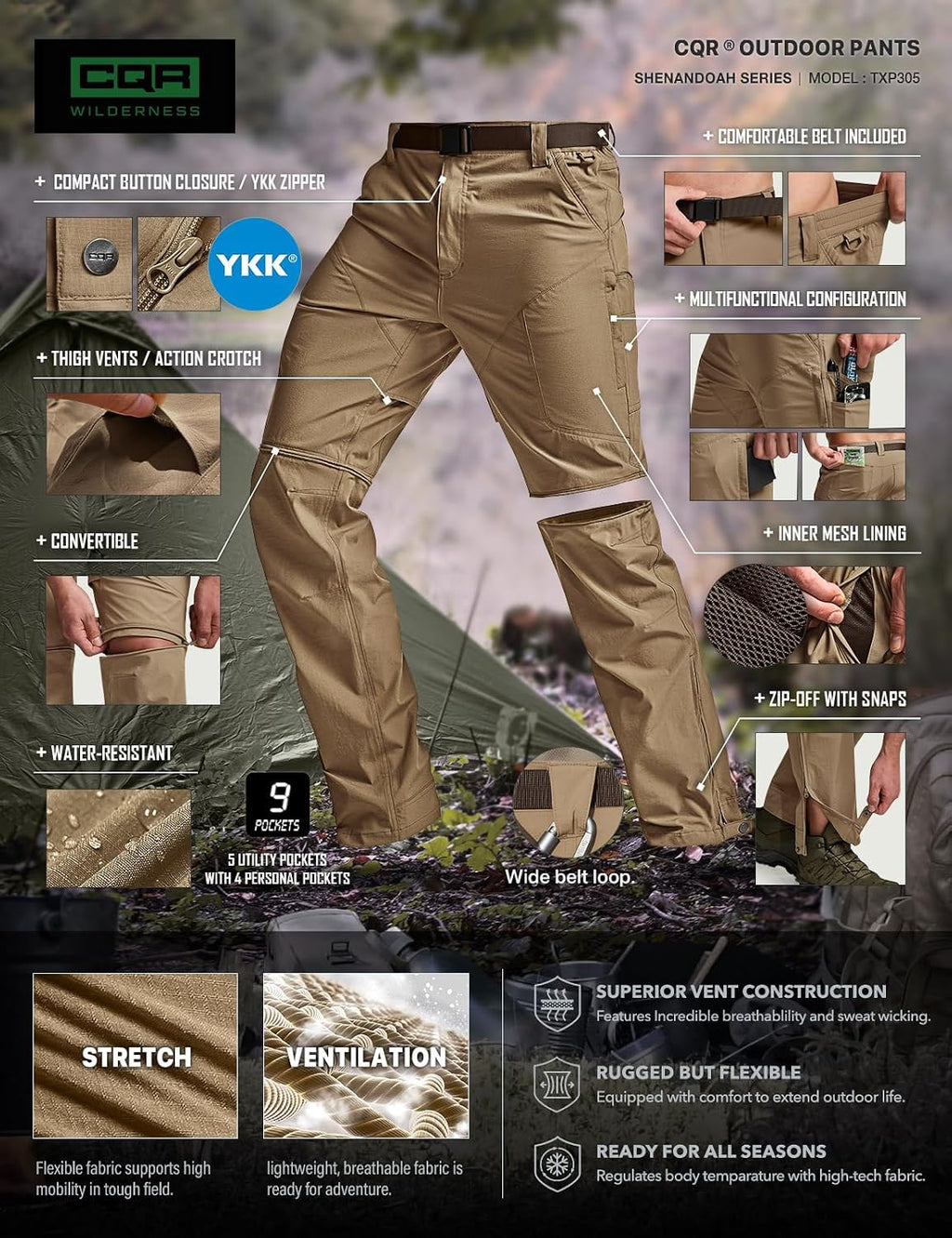 CQR Men's Convertible Cargo Tactical Pants, Water Resistant Outdoor Hiking Pants, Zip Off Lightweight Stretch Work Pants