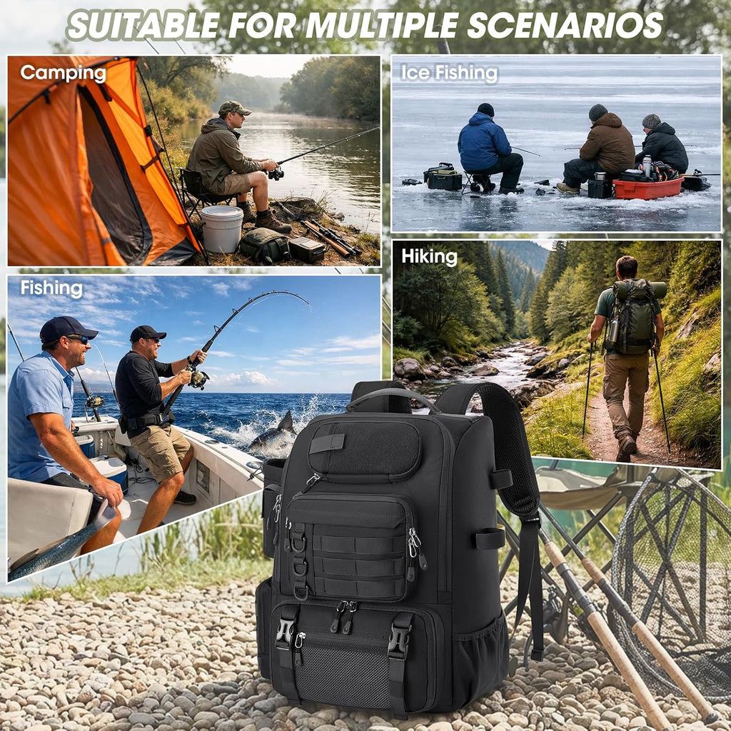 RAINSMORE Fishing Backpack 40L Tackle Backpack with Rod Holders & Cooler