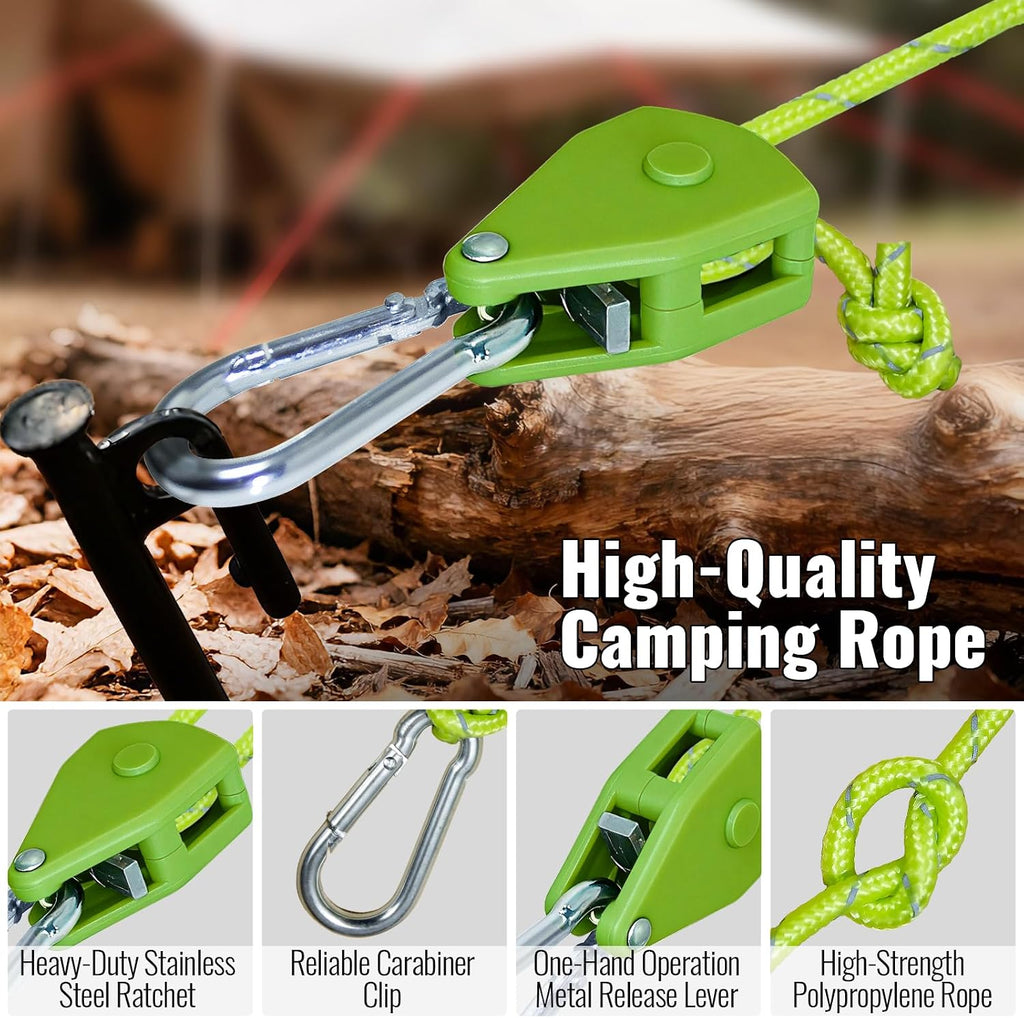4Pack 4mm Reflective Guy Lines, Heavy‑Duty Tent Rope Tie Down Rope Line, Ultralight Camping Rope with Ratchet Pulley & 2 Metal Buckles, Aluminum Adjuster for Tarp Canopy Kayak Outdoor Camping, 13ft