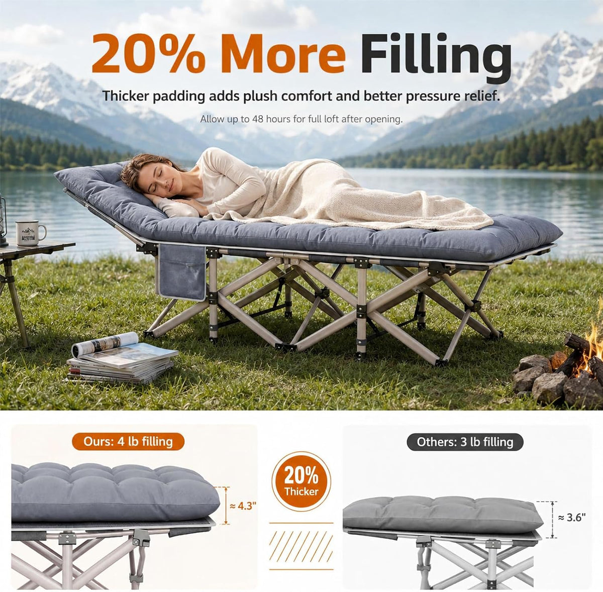 Fenbeli Camping Cot for Adults, 2 Pack Camp Bed with Thicker Cushion, 800LB