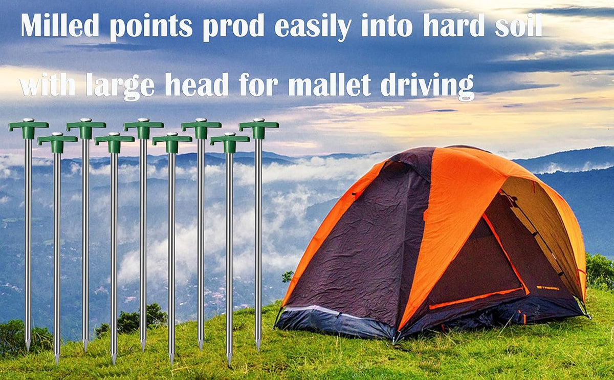 Cheardia 20 Pack Tent Stakes Heavy Duty, 9.75 Inch Yard Stakes Non-Rust Metal Tent Pegs Ground Stakes Tent Spikes for Camping Patio, Garden, Canopies, Grassland, Outdoor,Green