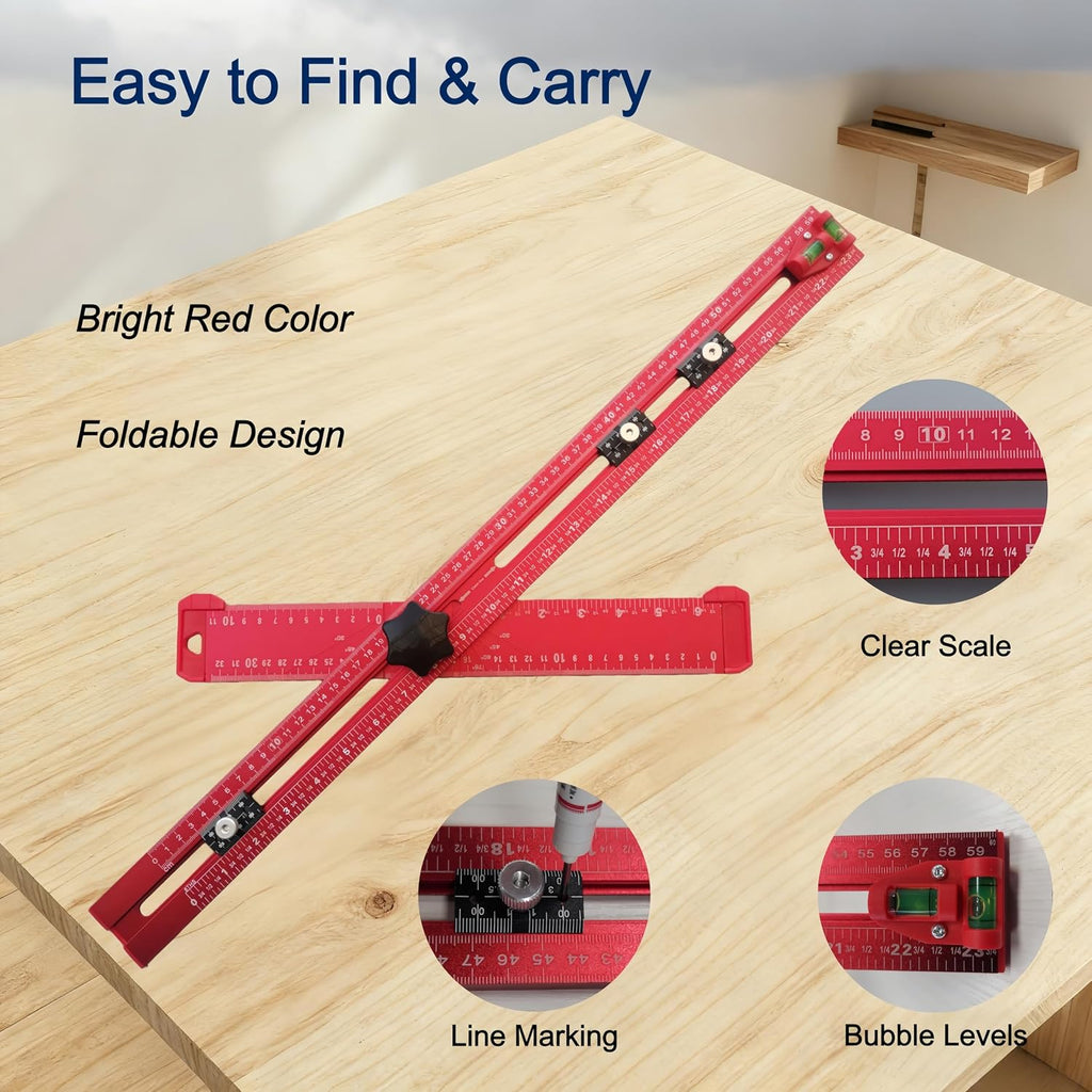 5-in-1 T Square Ruler 24 Inch, Multifunctional Drilling Positioning Ruler for Precision Hole Punching, Cabinet Hardware Jig, Adjustable Angle Ruler for Angle Measurement, Metric & Imperial