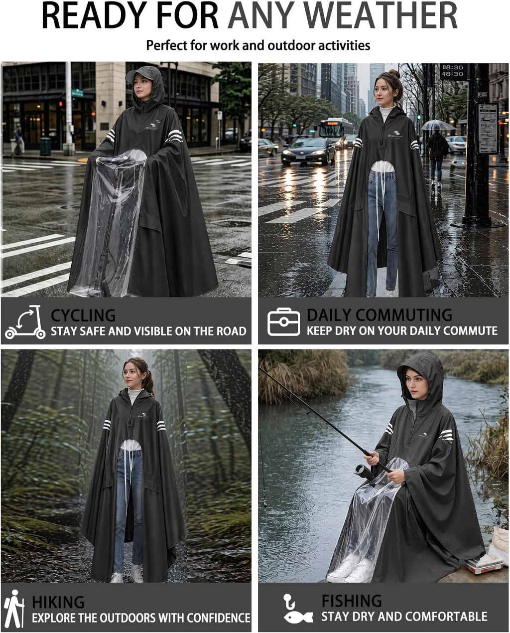 Rain Poncho Waterproof Full Body Long Hooded with Double-Face Visor Mask, Packable Raincoat for Cycling, Hiking
