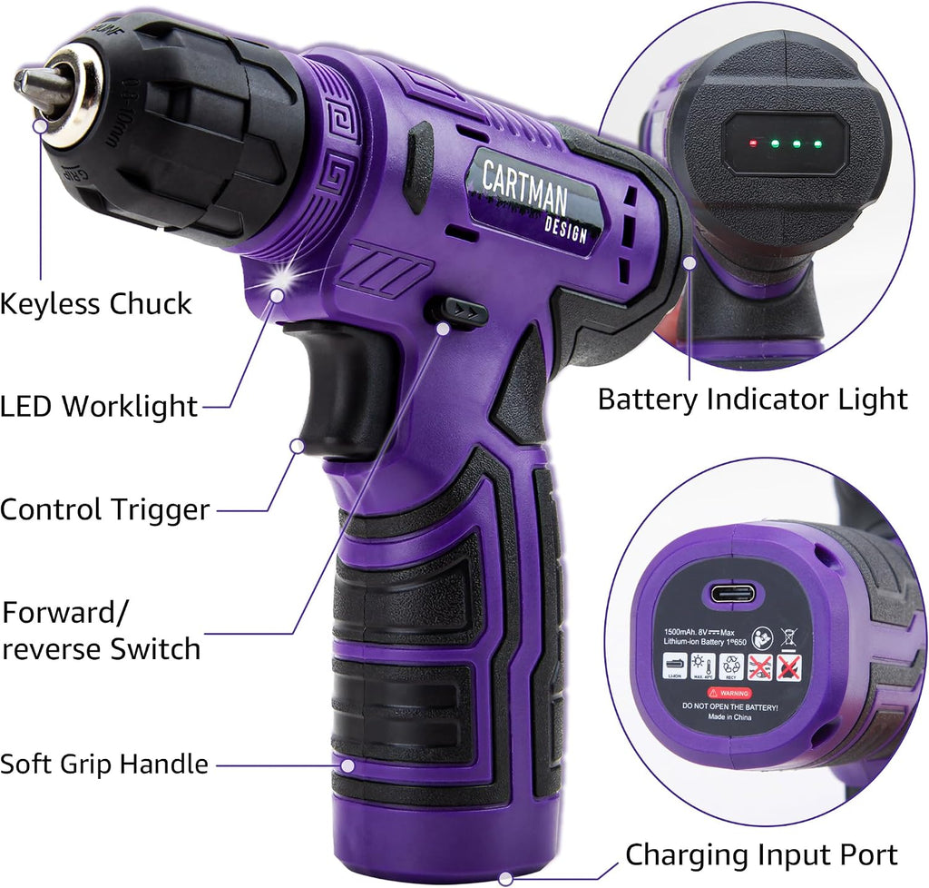 CARTMAN 150PCS 8V Cordless Drill Hand Tool Set, Purple Household Repair Kit
