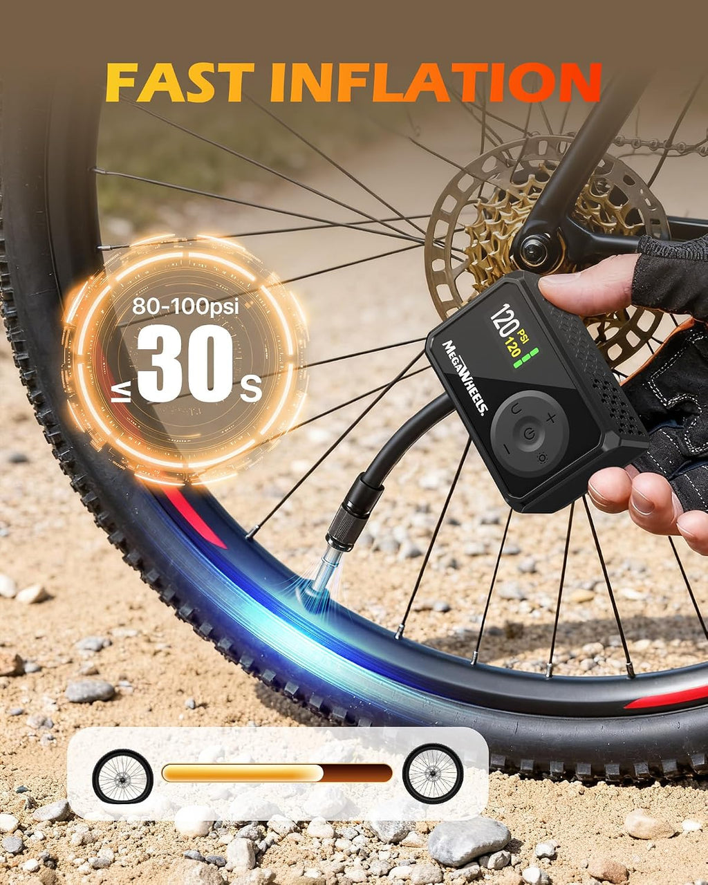 MEGAWHEELS Mini Bike Pump with Gauge, 120/150PSI Bike Tire Inflator with Presta & Schrader Valve, Portable Electric Air Pump Auto Stop, Fast Inflation for E-Bike, Mountain Bike, Scooter, Balls