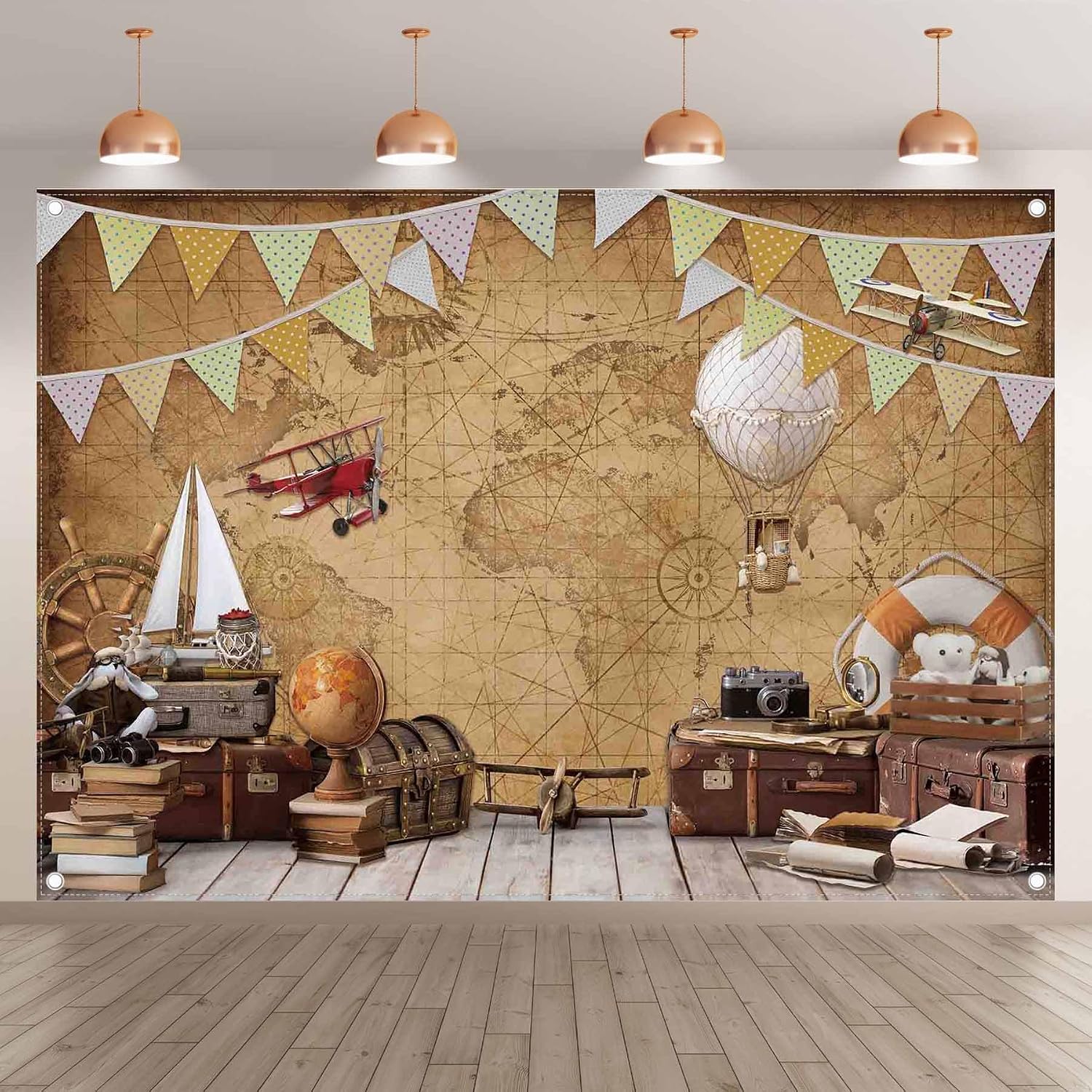 7x5ft Fabric Vintage Around World Map Photography Backdrop