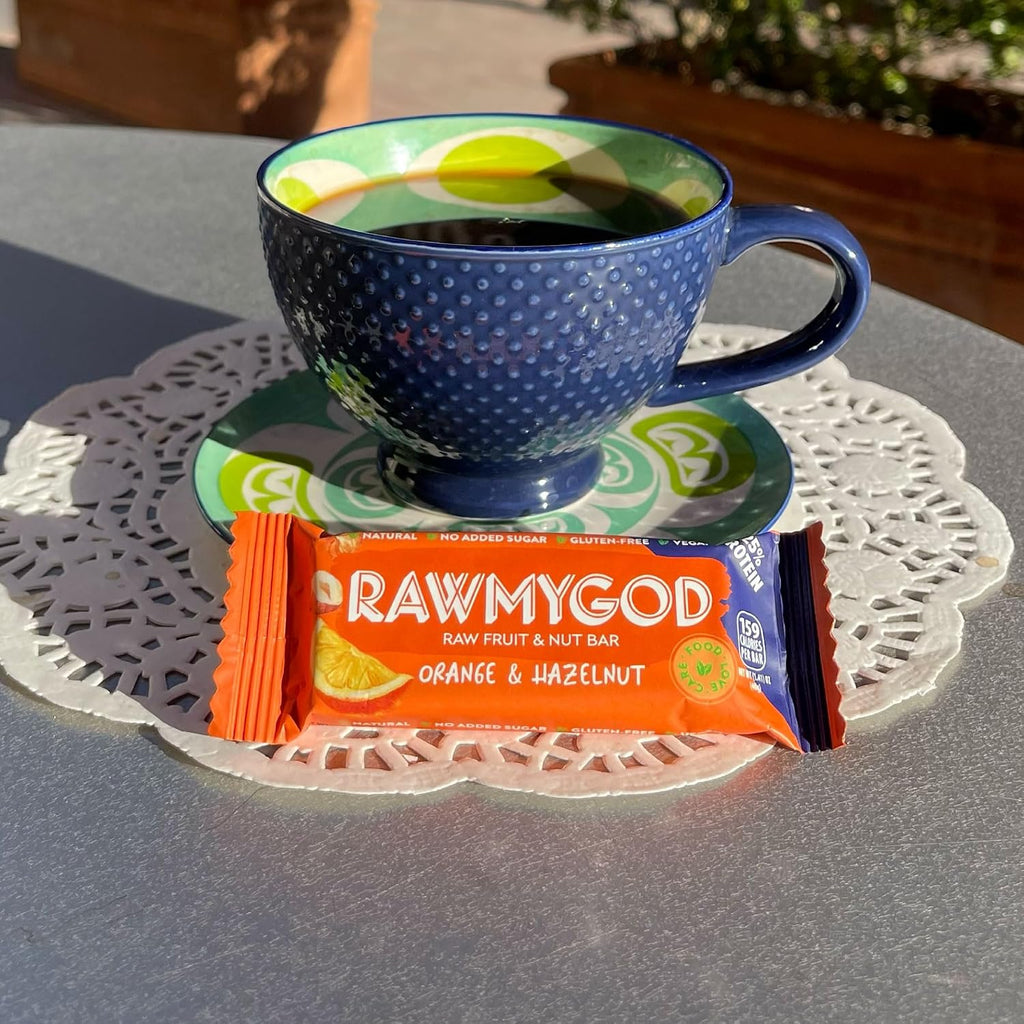 RAWMYGOD Fruit and Nut Bars, Good Source of Protein (10g, 25% protein content), Gluten Free, Vegan, No Added Sugar (16 bars, Orange & Hazelnut)