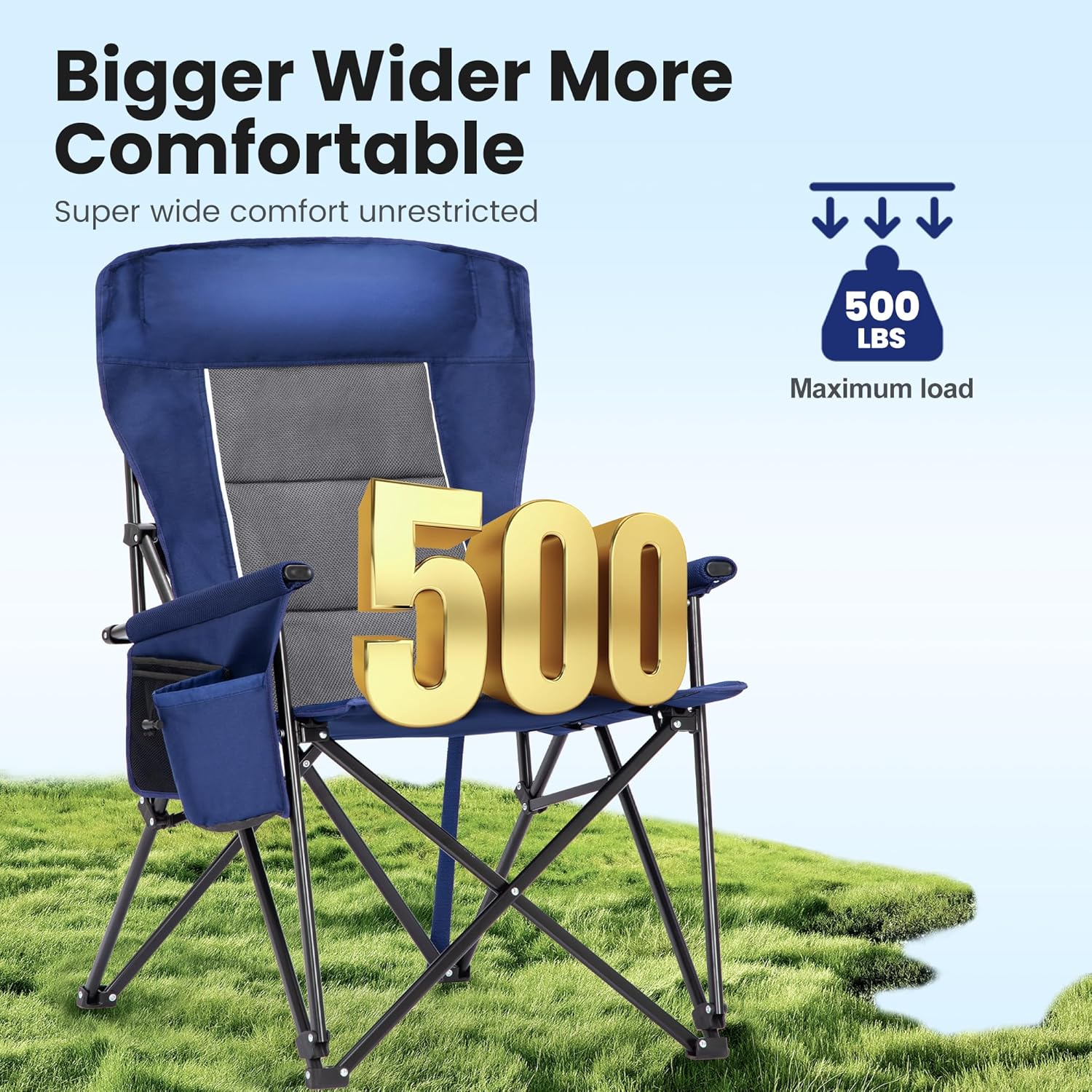 High Back Oversized Camping Chairs for Adults Support 500LBS Blue