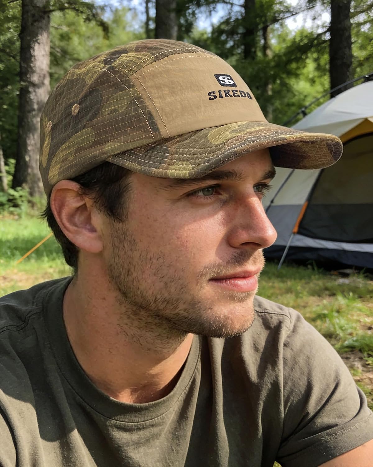 CLAPE Short Brim Baseball Cap for Men, Camouflage Quick-Dry 5 Panel Camper Hat Shapeable Low Profile Short Bill Cap