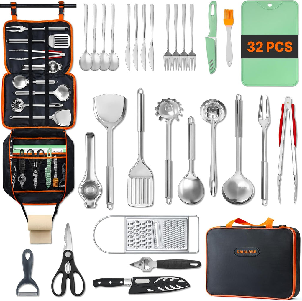 Gaialoop Portable Camping Cooking Utensils Set, Camp Kitchen Set with Organizer Bag, RV Essentials Outdoor Cooking Utensil Kit for Travel, Picnics, Camping, BBQs, Parties