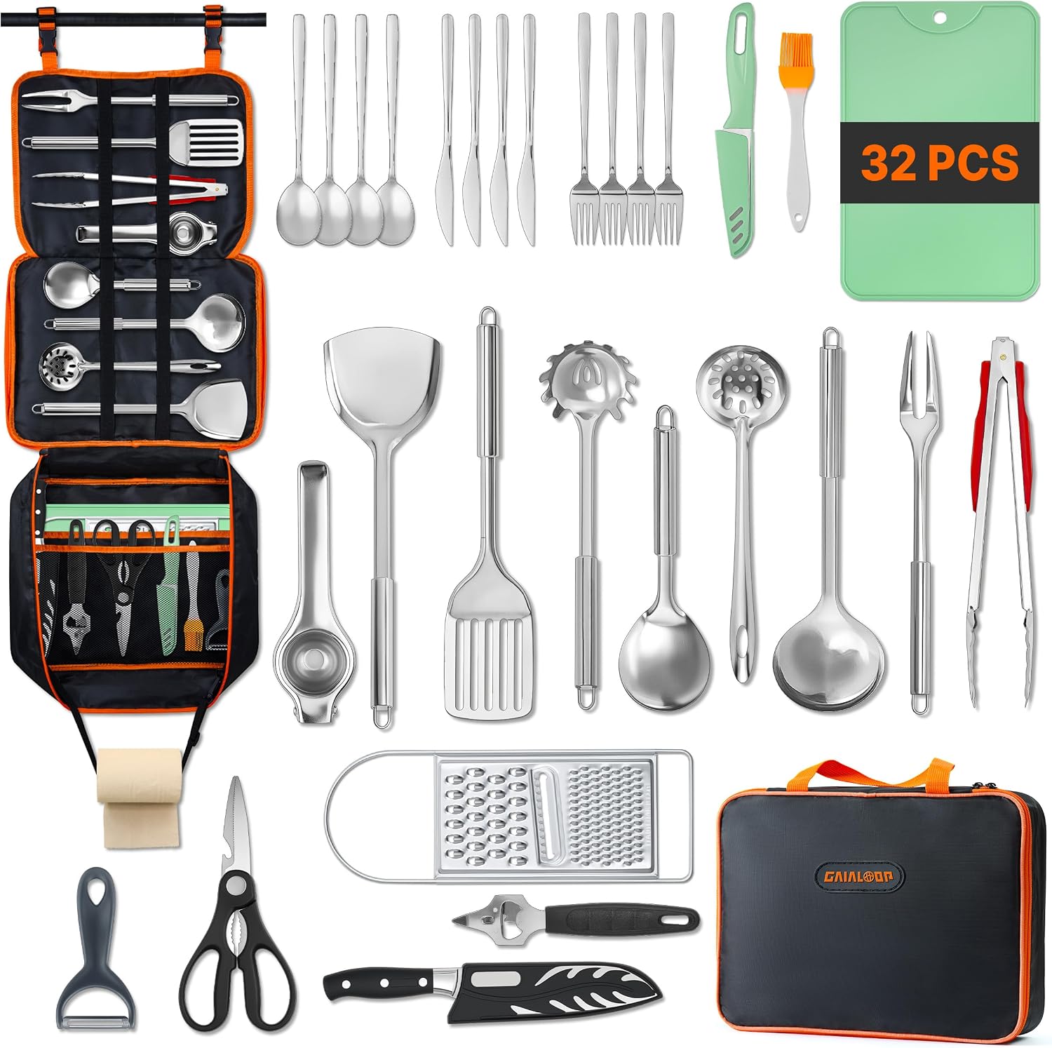 Gaialoop Portable Camping Cooking Utensils Set, Camp Kitchen Set with Organizer Bag, RV Essentials Outdoor Cooking Utensil Kit for Travel, Picnics, Camping, BBQs, Parties