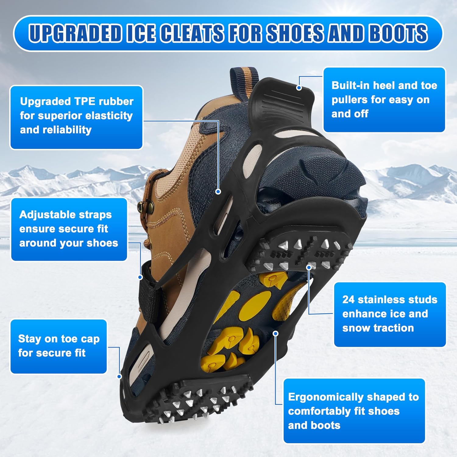 Ice Cleats for Shoes and Boots,Crampons Snow Traction Cleats for Walking on Snow and Ice,Non-Slip Shoe Grippers Slip-on Overshoe Stretch Footwear for Winter Walking Hiking Fishing