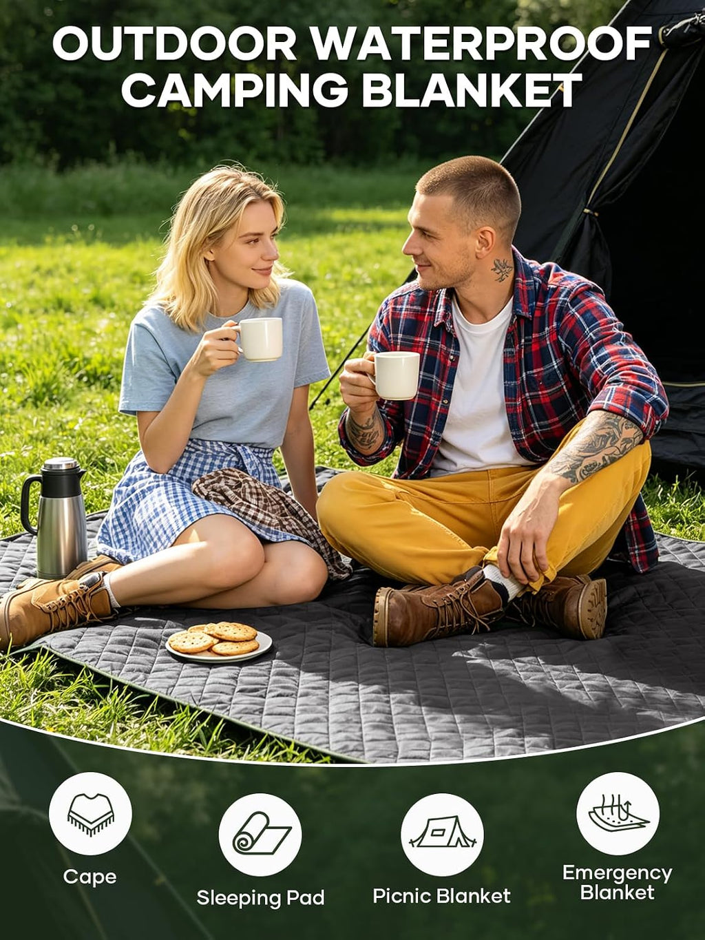 Waterproof Camping Blankets, Reversible Picnic Blanket 79x57 in
