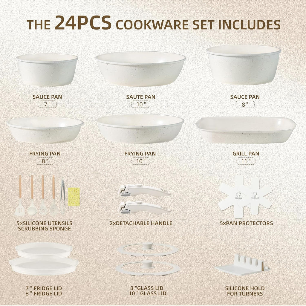 BECIGAR 24PCS Ceramic Pots and Pans Set