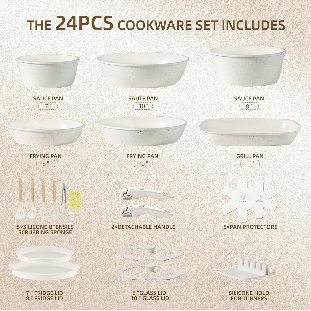 BECIGAR 24PCS Ceramic Pots and Pans Set