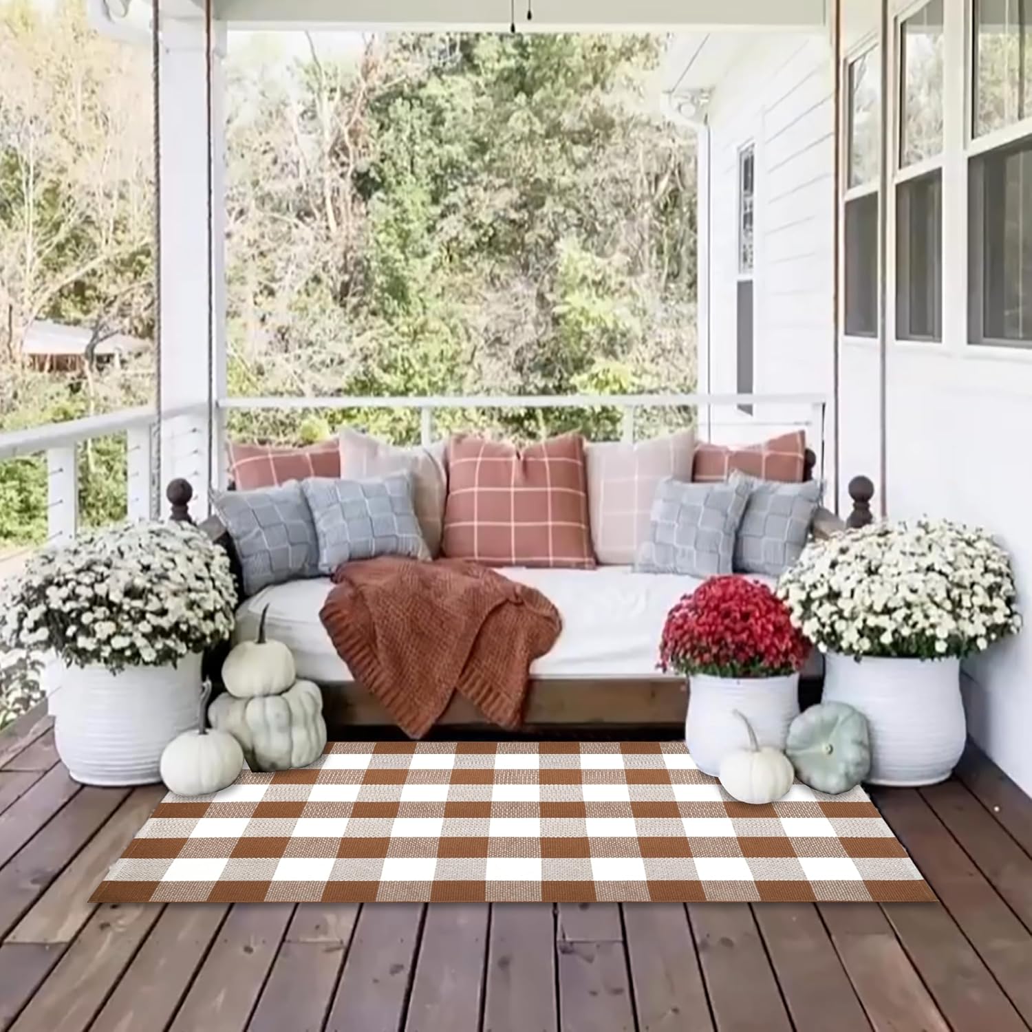 Homydecor Buffalo Plaid Outdoor Rugs, 28'' x 43'' Coffe and White Checkered Area Rug, Layering Rug for Hello/Welcome Door Mat, Washable Cotton Woven Farmhouse Mat for Front Porch Décor